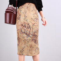 S-2XL Women Chinese Style High Waist Fashion Suede Knee-length Skirts Print Ladies Pencil Skirts Vintage