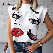 Women Elegant Lips Print blouse shirts 2020 Summer Casual Stand Neck Pullovers tops Ladies Fashion cute Eye Short Sleeve Blusa eprolo