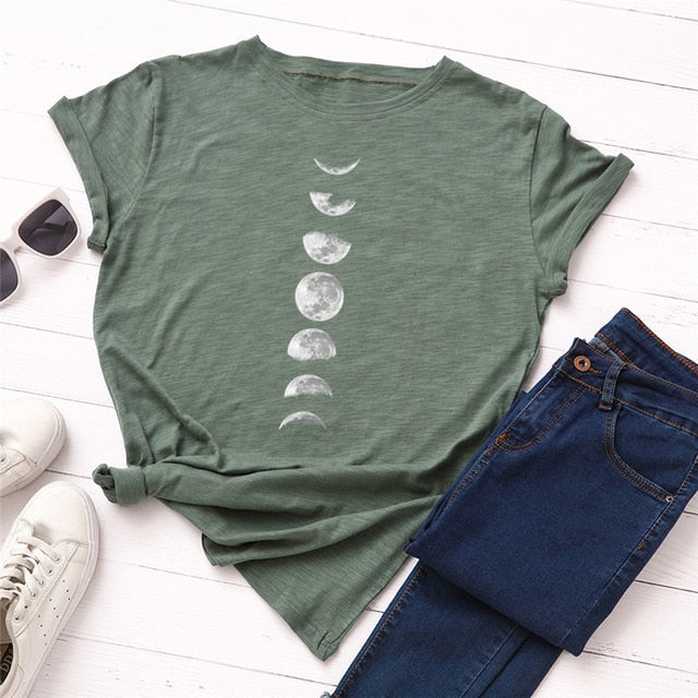 Plus Size S-5XL New Moon Planet Print T Shirt Women Shirts O Neck Short Sleeve Summer T-Shirt Tops
