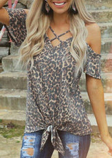 Women T-Shirt Female Leopard Printed Cold Shoulder Tees Women Tops For Summer V-Neck Tops Tee
