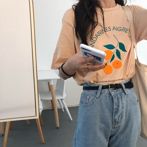 Simple Cute Orange Printed Letter Cotton Loose Fresh Vintage College Wind Short Sleeve Female T shirts