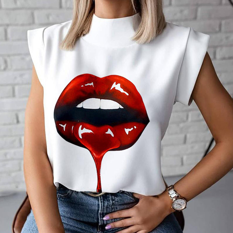 Women Elegant Lips Print blouse shirts 2020 Summer Casual Stand Neck Pullovers tops Ladies Fashion cute Eye Short Sleeve Blusa