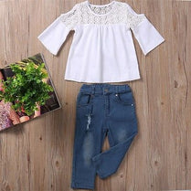 Toddler Baby Kids Girls Summer Lace Tops T-Shirt+Denim Jeans Pants Outfits Set