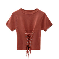 Women O-neck Knitted Short Sleeve Solid Lace Up Cropped T-shirts Girls Knitting Elastic Tees Crop Tops eprolo