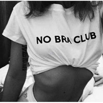 No Bra Club Letter Womens Loose Pullover Short T Shirt Short Sleeve White Tops Shirt Colloge Crop