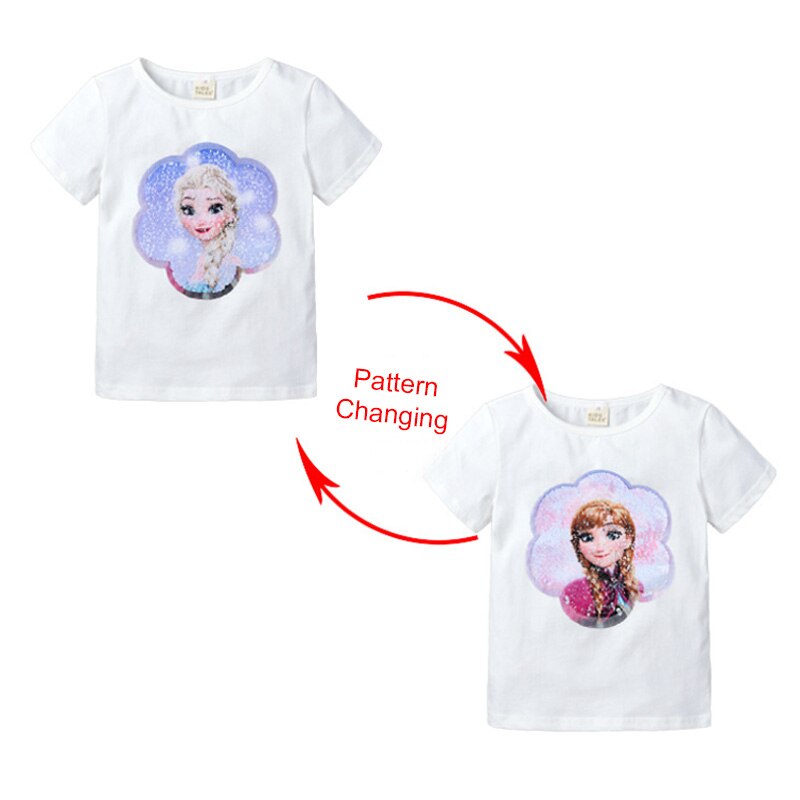 Kids Girls T shirts Summer Elsa Sequins For Spiderman T shirt Face Change Boys T Shirts New Children Tops Shirt Clothes 2-8Yrs