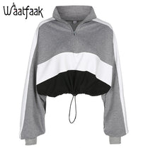 Long-sleeved pullovers hoodies Deep V Neck Top Drawstring Loose Cropped Patchwork Sweatshirt eprolo