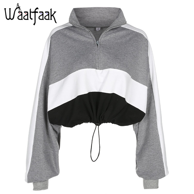 Long-sleeved pullovers hoodies Deep V Neck Top Drawstring Loose Cropped Patchwork Sweatshirt