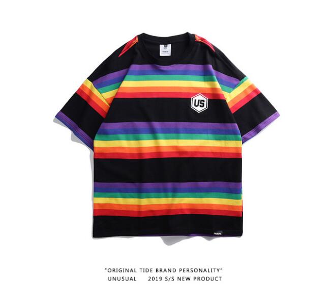 Hip Hop T Shirt Harajuku Rainbow Striped T-Shirt Korean Style Retro Streetwear