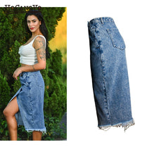 Women Midi Skirts High Waist Large Size Cotton Jeans Skirt Women Casual Tassels Washed Denim Skirts Sexy Split MIDI Skirt