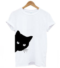 Cat Looking Out Side Funny T-Shirt Women's Cotton Casual Top Tee