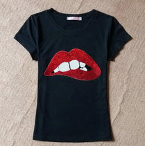 Women Sequins Lips Round Neck Short-sleeved T-shirt Camisetas Mujer