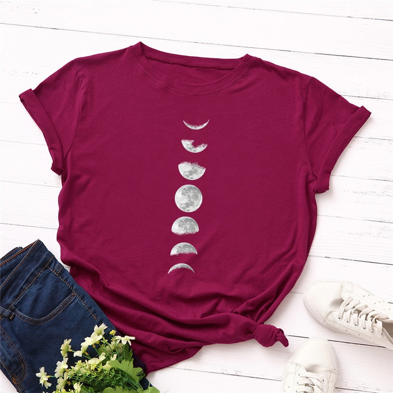 Plus Size S-5XL New Moon Planet Print T Shirt Women Shirts O Neck Short Sleeve Summer T-Shirt Tops