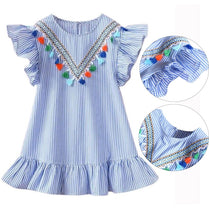 Summer Girls Tassel Flying Sleeve Dresses Stripe Cotton Cute Kids Party Dresses for Kids girls Princess Dress Tops Clothes