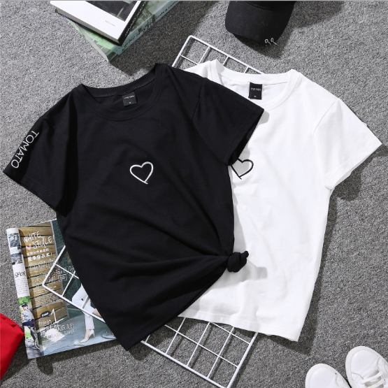 Summer Couples Lovers T-Shirt For Women Casual White Tops Tshirt Women T Shirt Love Heart Embroidery Print T-Shirt Female