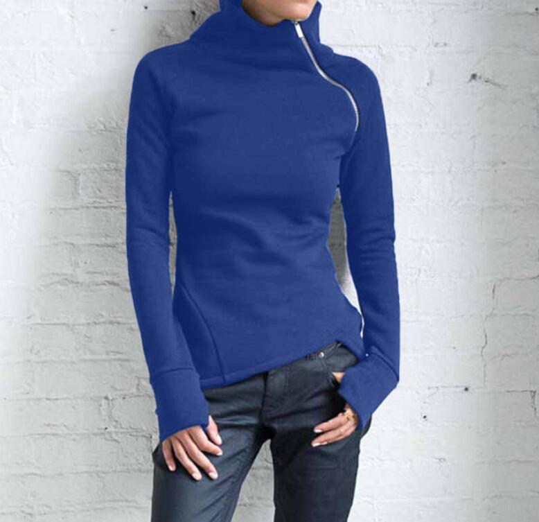 Spring Autumn Casual Solid Hoodies Women Long Sleeve Turtleneck Zipper Sweatshirts Female Irregular Tops