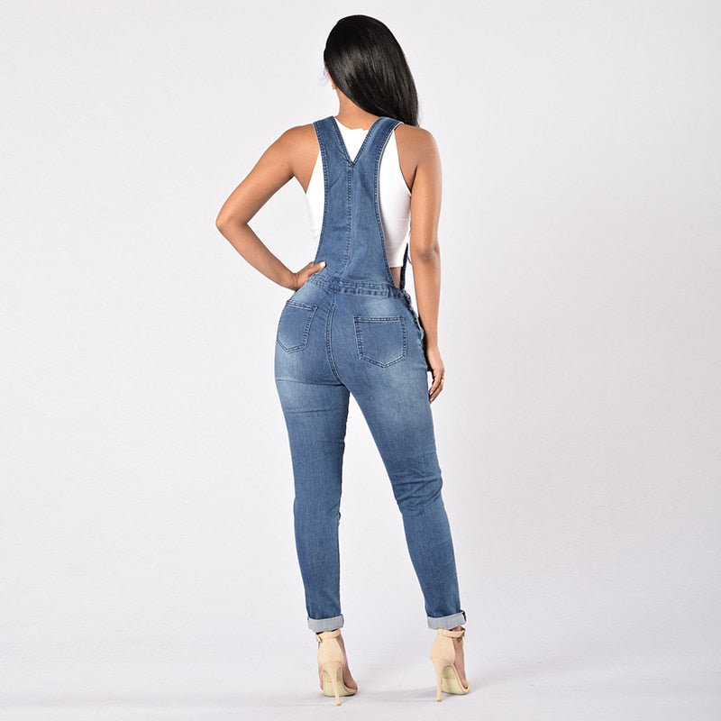Women Overalls Cool Denim Jumpsuit Ripped Holes Casual Jeans Sleeveless Jumpsuits