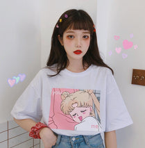 Sailor Moon Female T Shirts Top Tees Letter Print O-Neck Short Sleeve Loose Summer Women T-shirts