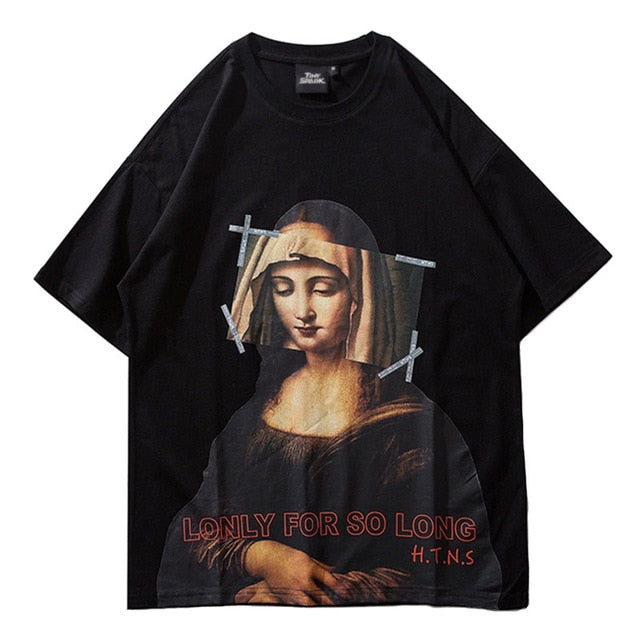 Mona Lisa Virgin Mary Hip Hop T-Shirt Streetwear Summer Men Tshirt Short Sleeve Cotton Tops Tees