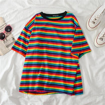 Duckwaver Sweet Rainbow Stripe Women Summer T-Shirt Tops tee shirt couple clothes