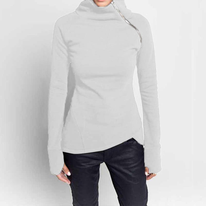 Spring Autumn Casual Solid Hoodies Women Long Sleeve Turtleneck Zipper Sweatshirts Female Irregular Tops