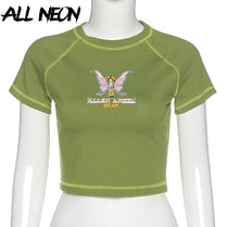 ALLNeon E-girl Butterfly Graphic and Letter Printing Stitch Green Crop Tops Y2K Summer Grunge Style O-neck Short Sleeve T-shirts