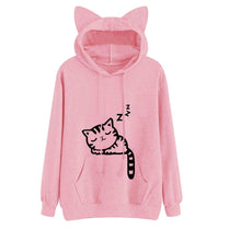 Women Hoodies Sweatshirt Kawaii Pink Winter Cat Pattern Long Sleeve Moletom Hooded Sweatshirts Ear Hooed