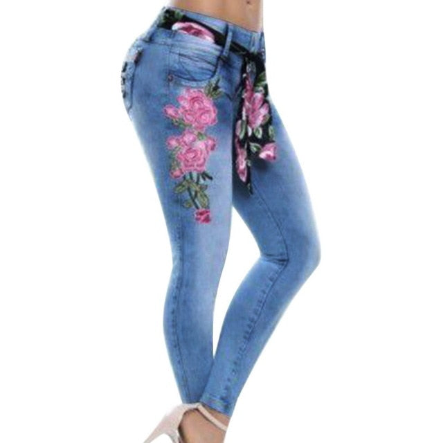 Women Stretch High Waist Skinny Embroidery Jeans