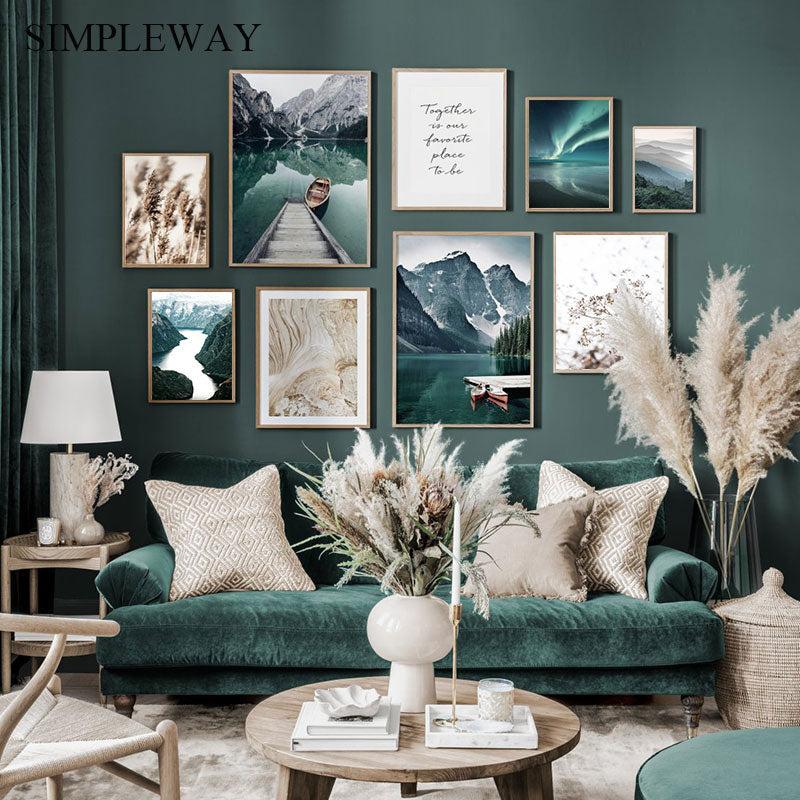 Scandinavian Travel Landscape Canvas Painting Mountain Boat Grass Nordic Poster Print Wall Art Picture Modern Living Room Decor