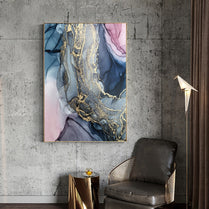 Nordic Morden Abstract Pink-gray line Wall Art Canvas Painting Golden Blue smoke Art Poster Print Wall Picture for Living Room
