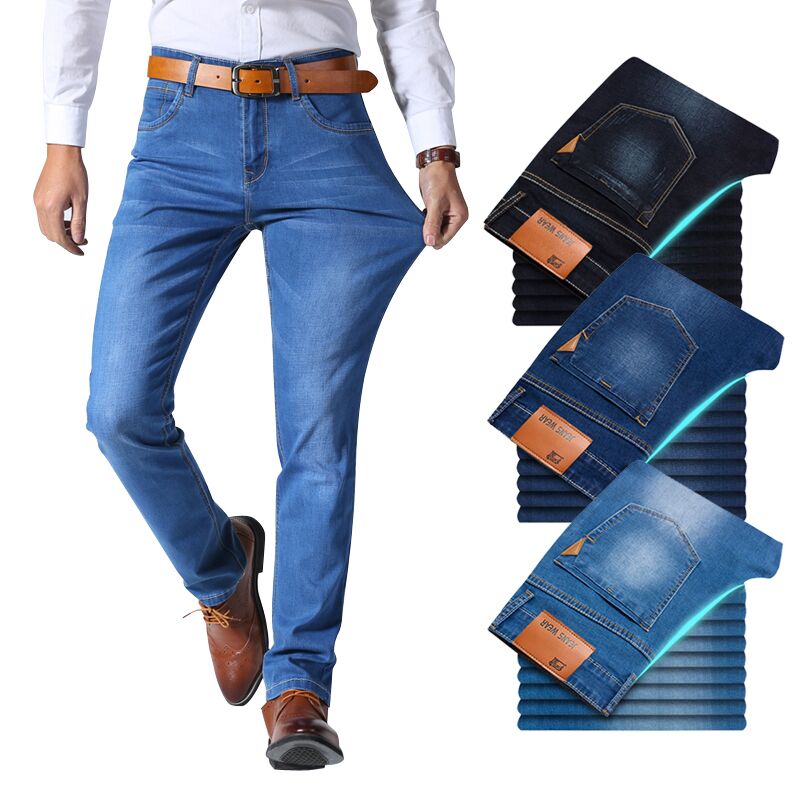 Brother Wang Classic style Men Brand Jeans Business Casual Stretch Slim Denim Pants Light Blue Black Trousers Male webstore.myshopbox.net