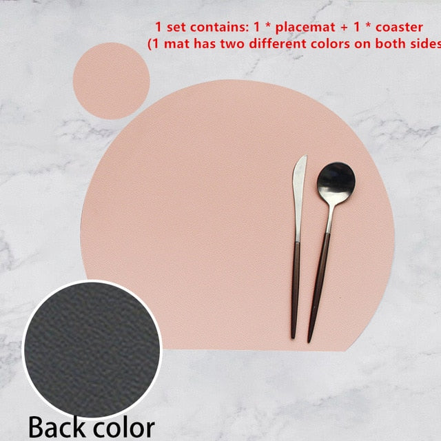 HOT SALE Tableware Pad Placemat Set Semicircle Heat Lnsulation Non-Slip Leather Dining Table Mat Set Bicolor Cup Coaster Kitchen