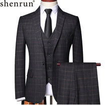 Shenrun Men 3 Pieces Suit Spring Autumn Plaid Slim Fit Business Formal Casual Check Suits Office Work Party Prom Wedding Groom