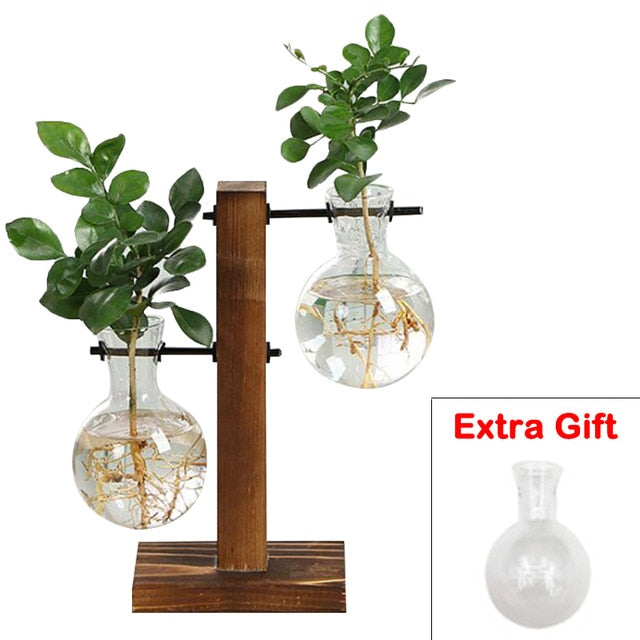 Terrarium Hydroponic Plant Vases Vintage Flower Pot Transparent Vase Wooden Frame Glass Tabletop Plants Home Bonsai Decor