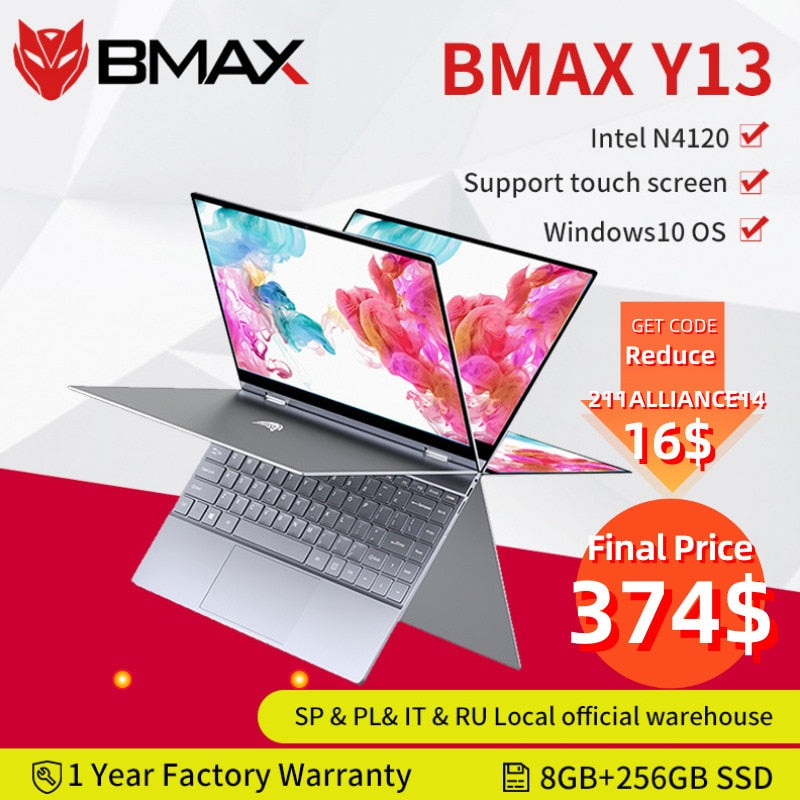 BMAX Y13 360° Laptop 13.3 inch Notebook Windows 10  8GB LPDDR4 256GB SSD 1920*1080 IPS Intel N4120 touch screen laptops