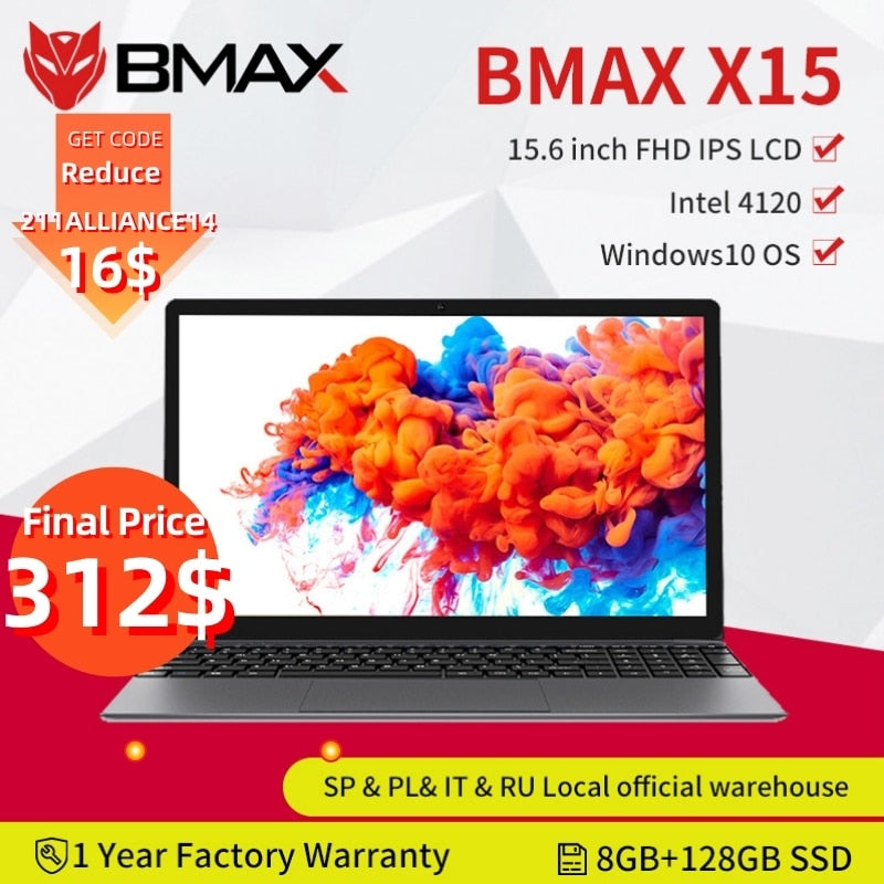 BMAX X15 15.6Inch laptop Intel 4120 CPU  Qcta Core windows10 Notebook 1920*1080 8GB RAM 128GB ROM Dual Wifi HDMI USB GameLaptops