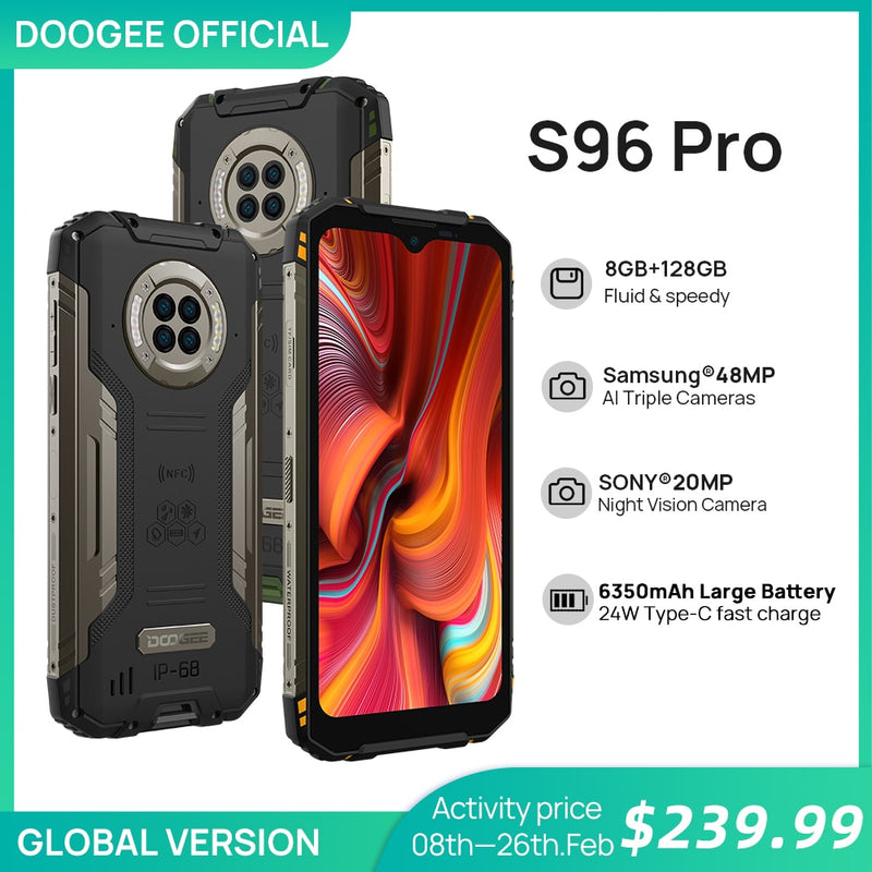 DOOGEE S96 Pro Waterproof Rugged Phone 48MP Round Quad Camera 20MP Infrared Night Vision Helio G90 Octa Core 8GB+128GB 6350mAh