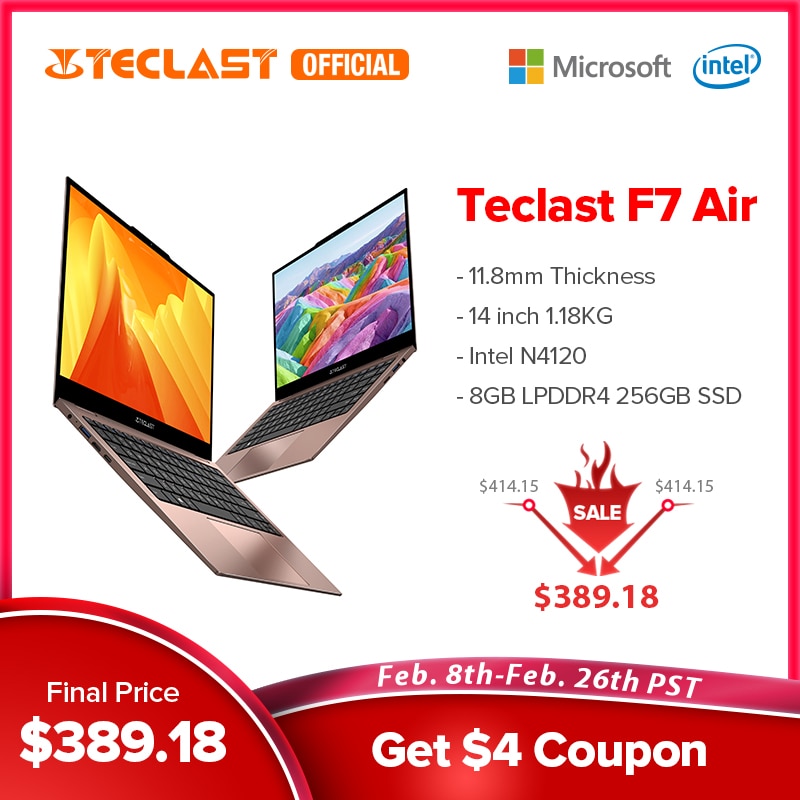 Newest Teclast F7 Air Laptop 1.18KG 14" 8GB LPDDR4 256GB SSD Intel N4120 Notebook 1920x1080 Windows 10 OS 180° Laptops Type-C