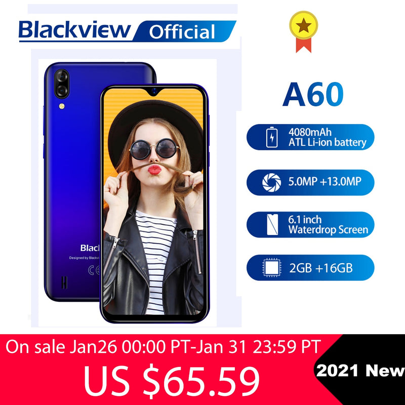Blackview 2021 New A60 2GB+16GB Smartphone 4080mAh Android 10 Cellphone 6.1" Waterdrop Screen Telephone 13MP Camera Mobile Phone