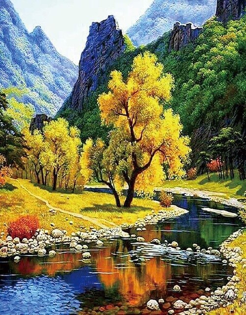 5D Diamond Painting Soft Feeling Canvas Mountain Tree Full AB Round Drill DIY Mosaic Cross Stitch Pattern Embroidery Wall Décor