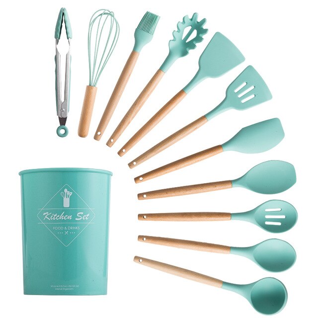 Silicone Cooking Kitchen Utensils Set Non-Stick Spatula Shovel Wooden Handle Cooking Tools Set With Storage Box Kitchen Tool Set