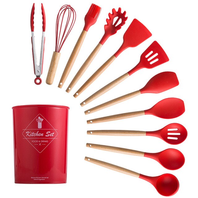 Silicone Cooking Kitchen Utensils Set Non-Stick Spatula Shovel Wooden Handle Cooking Tools Set With Storage Box Kitchen Tool Set