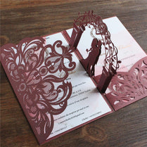 Burgundy wedding invitation set with envelop pup -up floral laser cutting pocket Fall winter wedding cards custom design