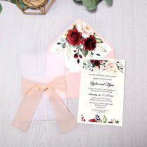 50pcs Wedding Invitations Burgundy Color with Flower Envelope, Ribbon for Wedding