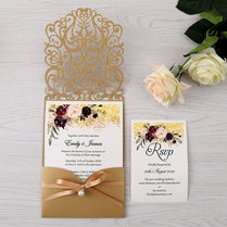 100pcs Burgundy New Arrival Horizontal Laser Cut Wedding Invitations with pearl ribbon,RSVP card,Customizable